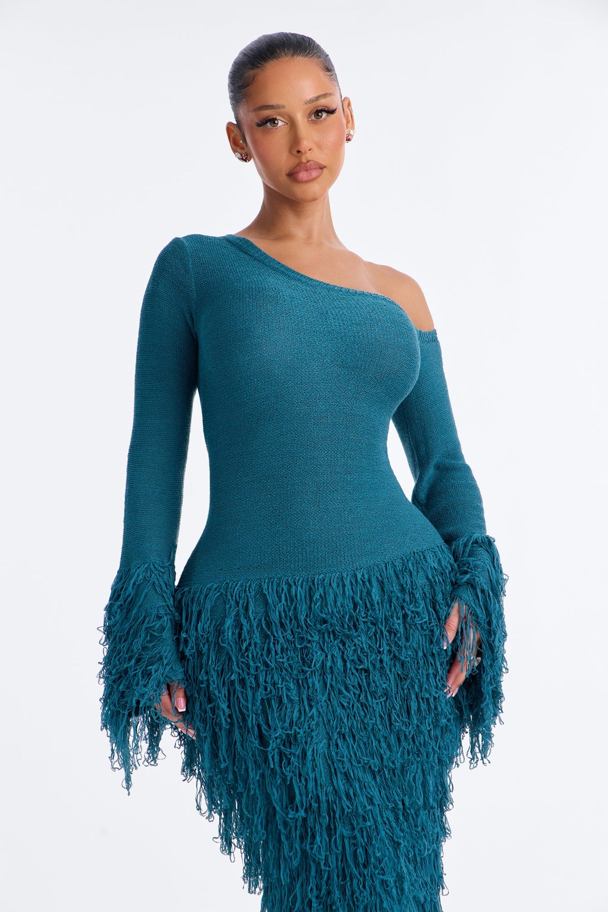 Show Stopper Fringe One Shoulder Midi Dress - Turquoise