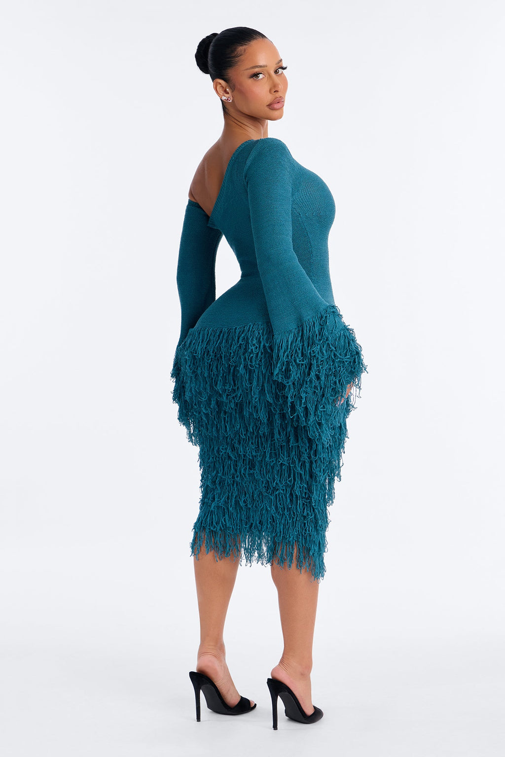 Show Stopper Fringe One Shoulder Midi Dress - Turquoise
