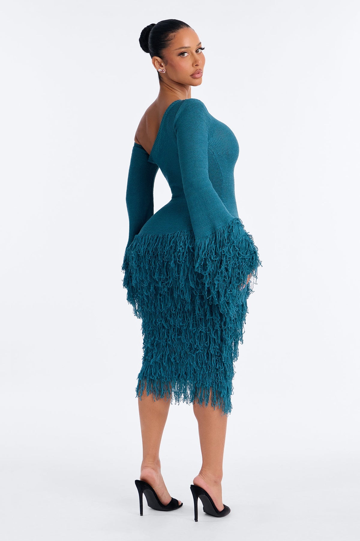 Show Stopper Fringe One Shoulder Midi Dress - Turquoise