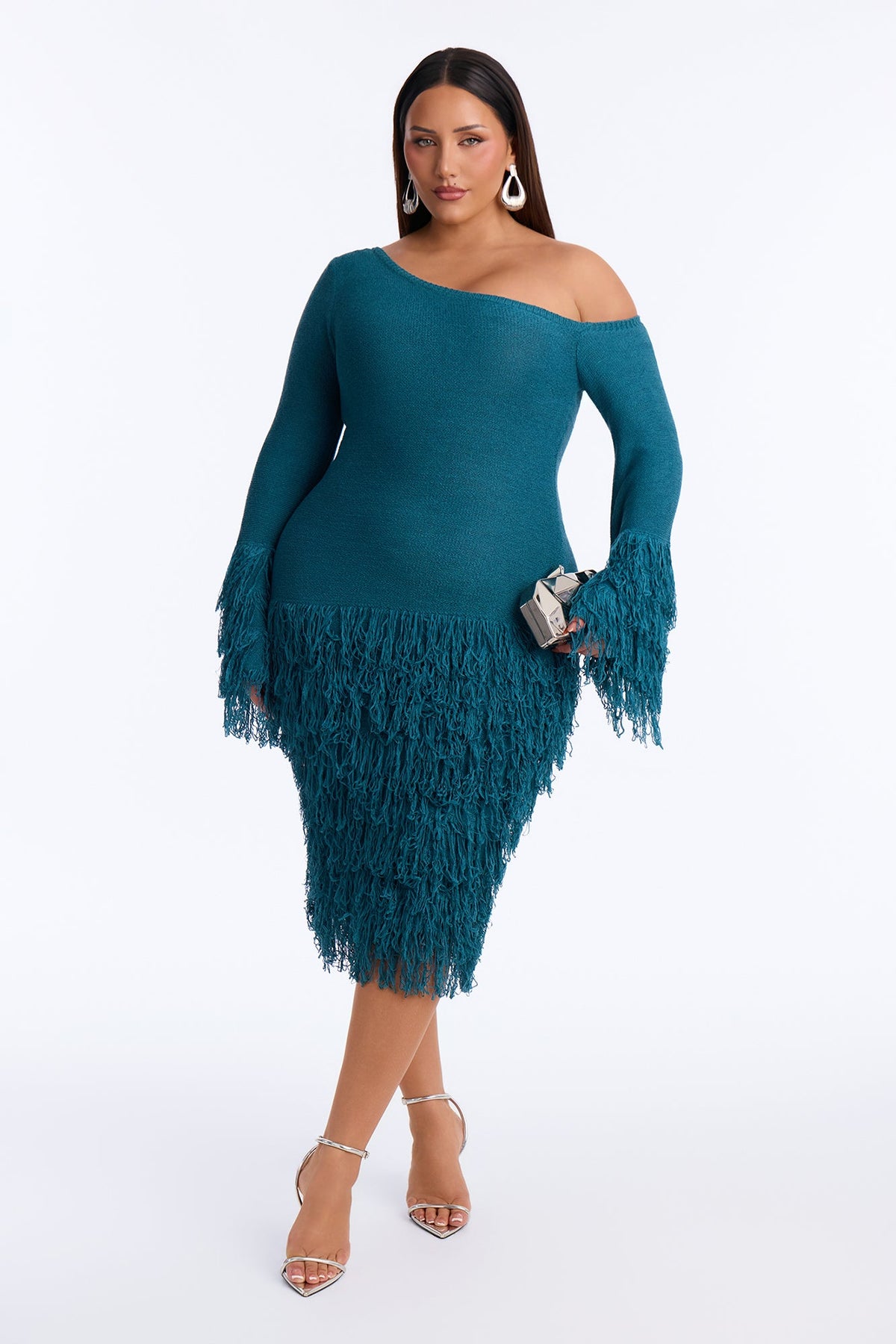 Show Stopper Fringe One Shoulder Midi Dress - Turquoise
