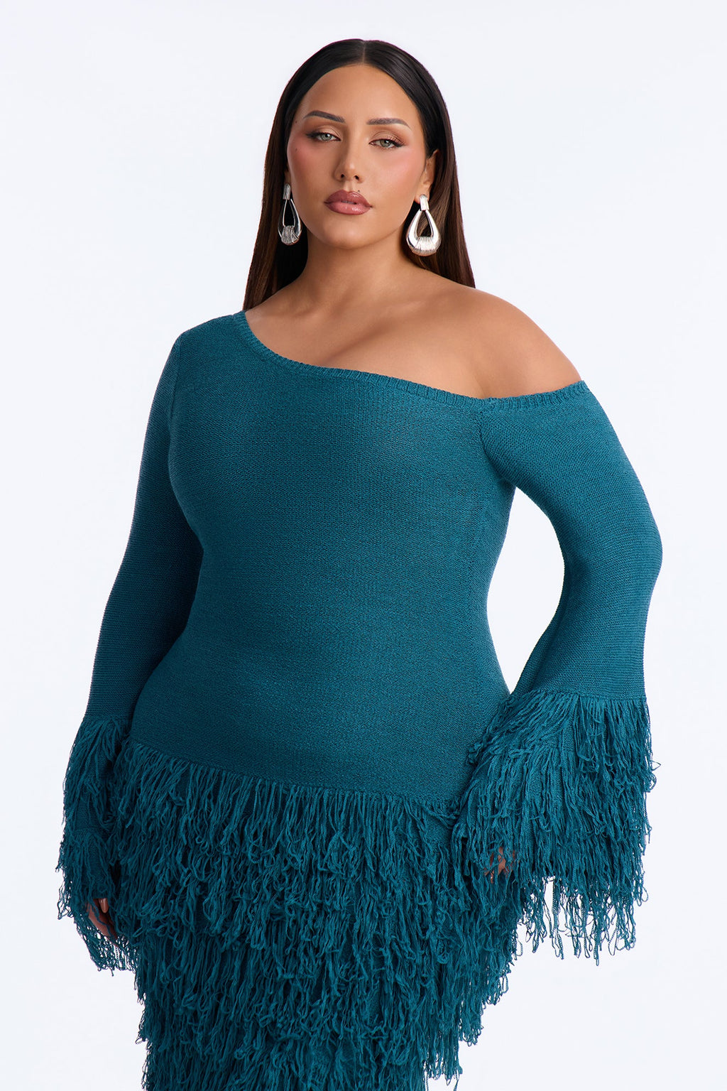 Show Stopper Fringe One Shoulder Midi Dress - Turquoise