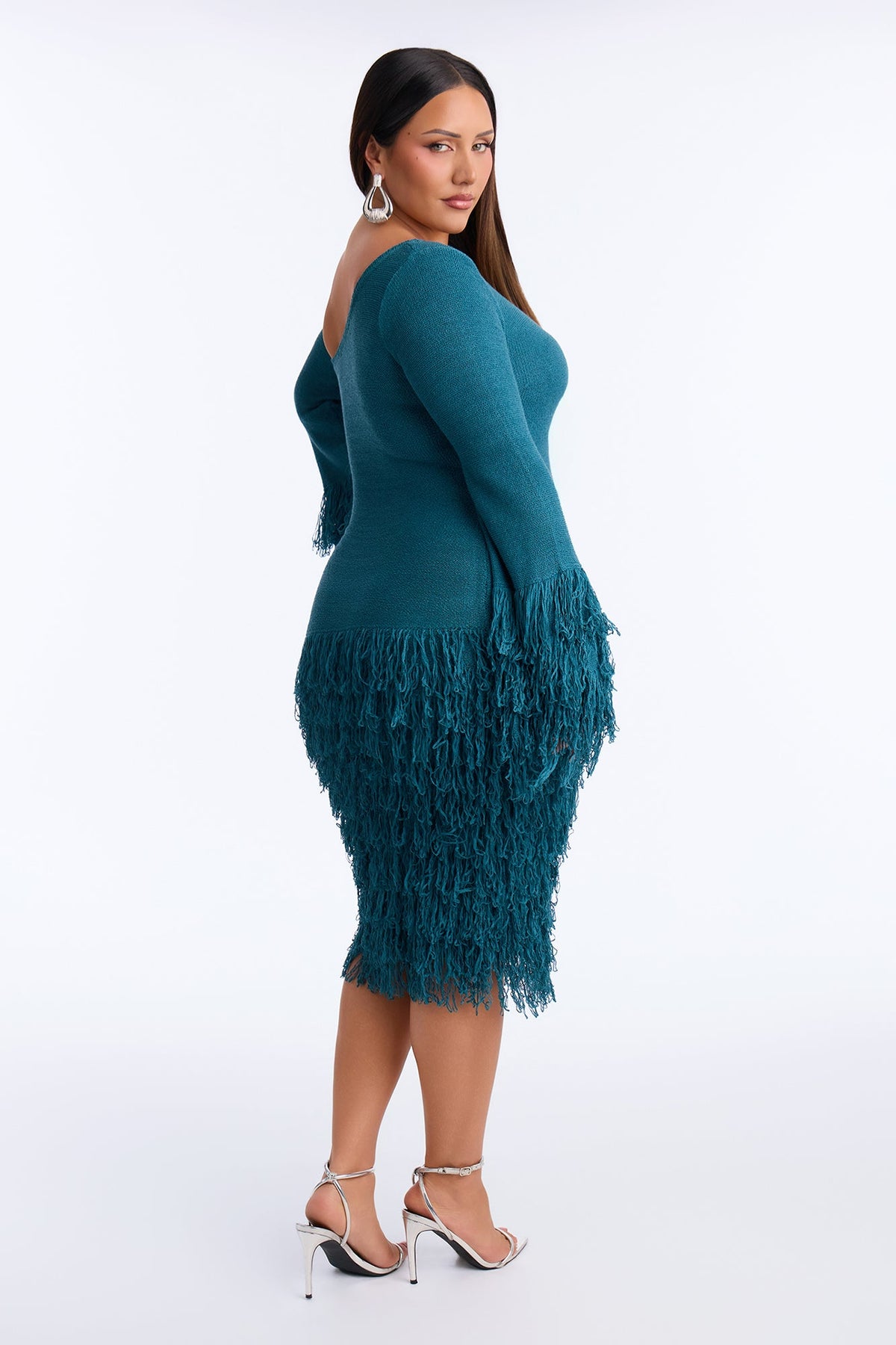 Show Stopper Fringe One Shoulder Midi Dress - Turquoise