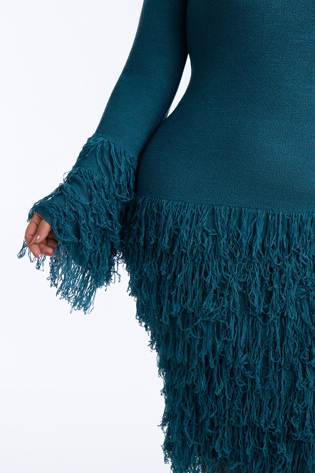 Show Stopper Fringe One Shoulder Midi Dress - Turquoise