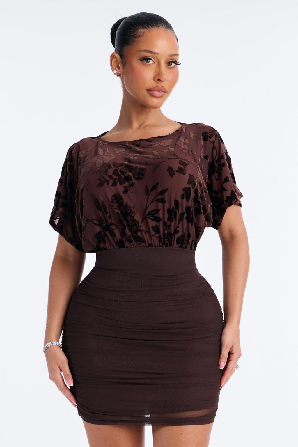 Lisette Short Sleeve Floral Mesh Mini Dress - Chocolate