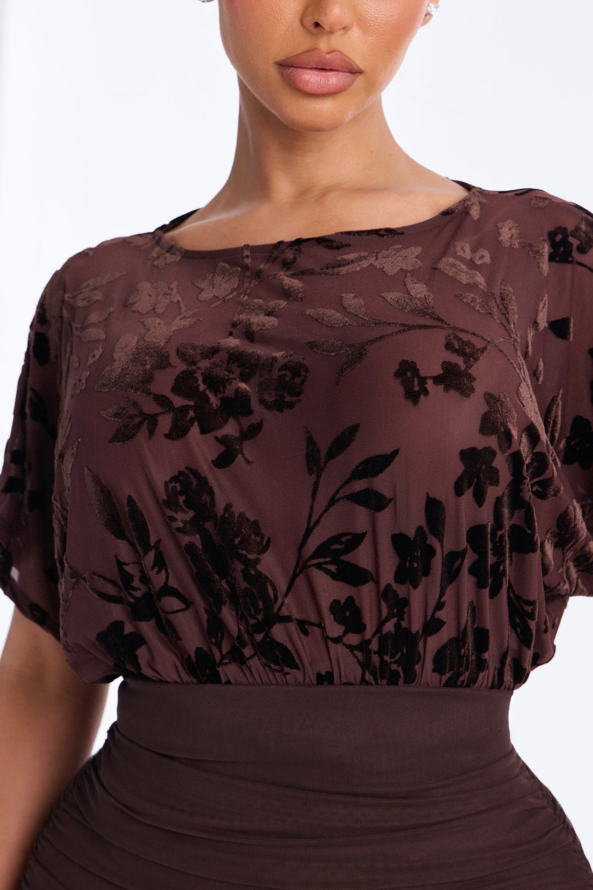 Lisette Short Sleeve Floral Mesh Mini Dress - Chocolate