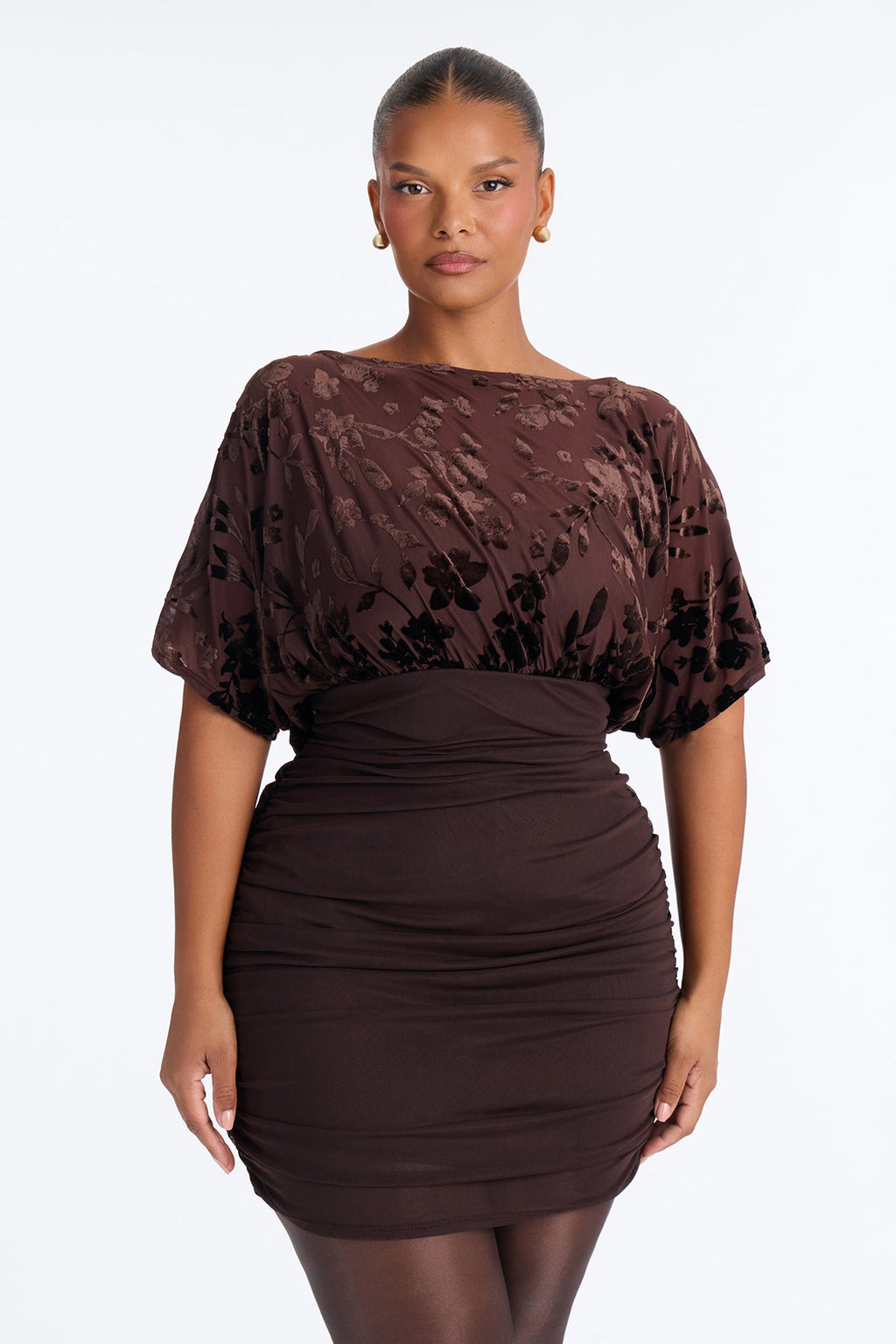 Lisette Short Sleeve Floral Mesh Mini Dress - Chocolate