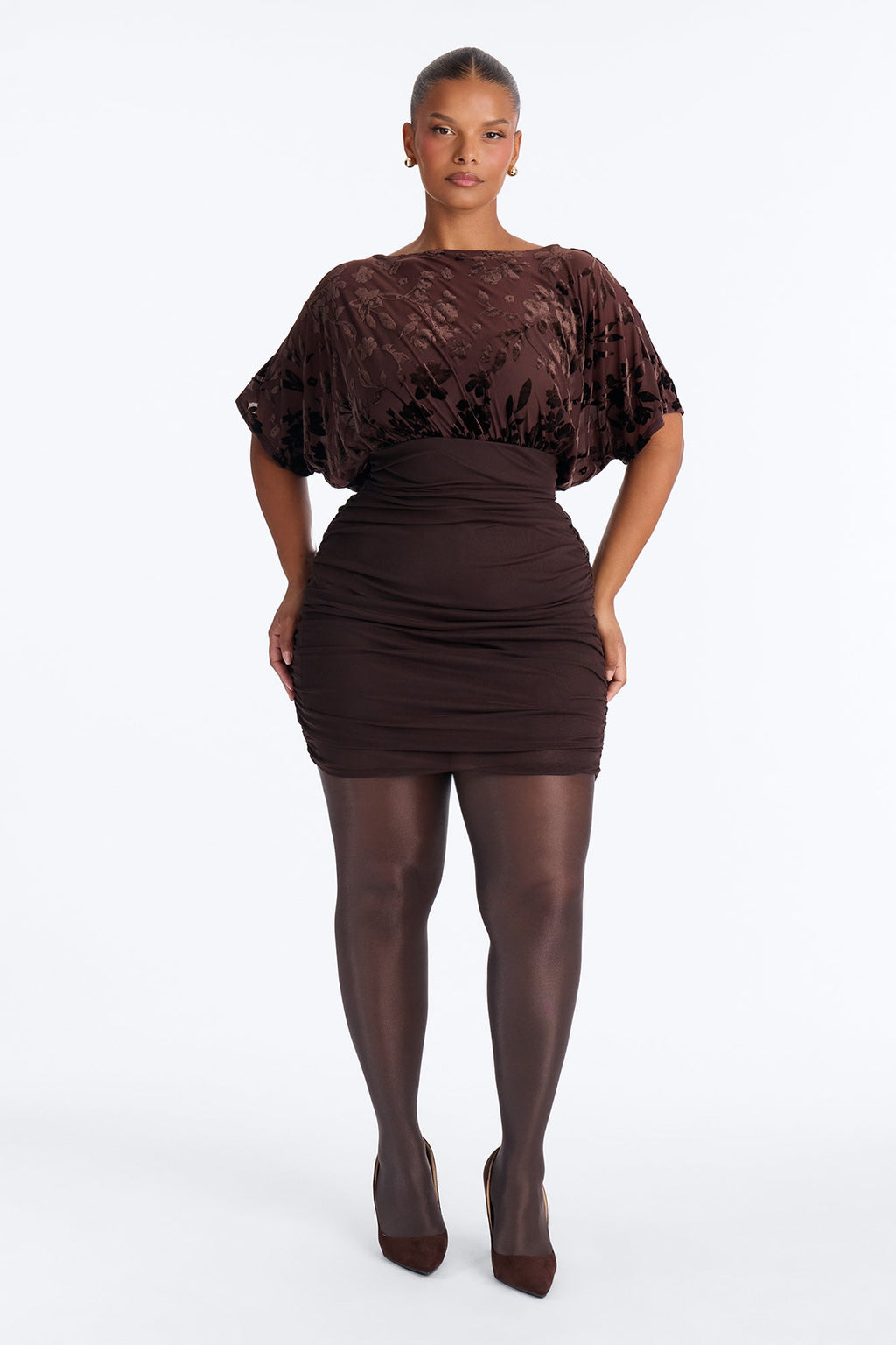 Lisette Short Sleeve Floral Mesh Mini Dress - Chocolate