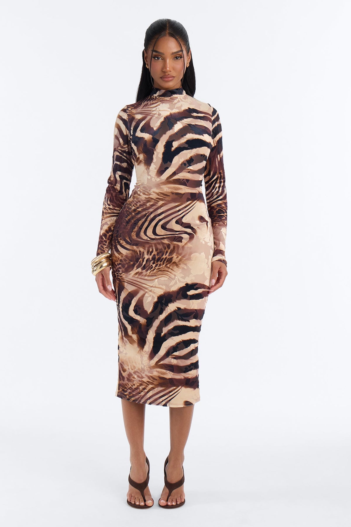Amy Animal Print Mesh Mock Neck Midi Dress - Brown/combo