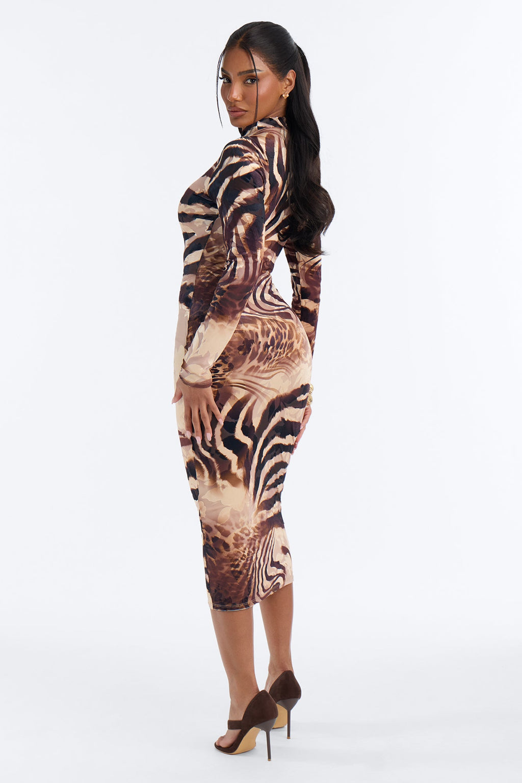 Amy Animal Print Mesh Mock Neck Midi Dress - Brown/combo