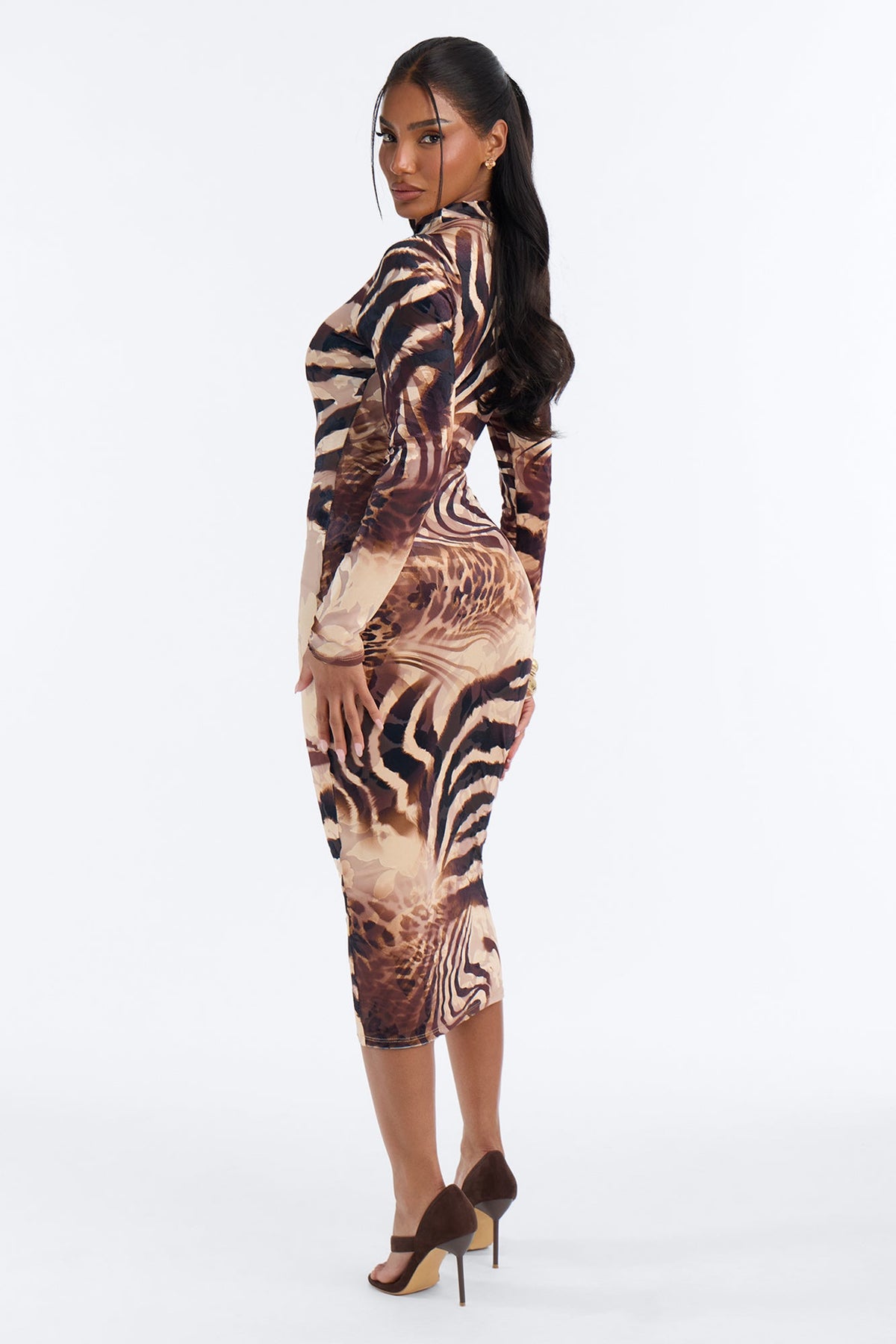Amy Animal Print Mesh Mock Neck Midi Dress - Brown/combo