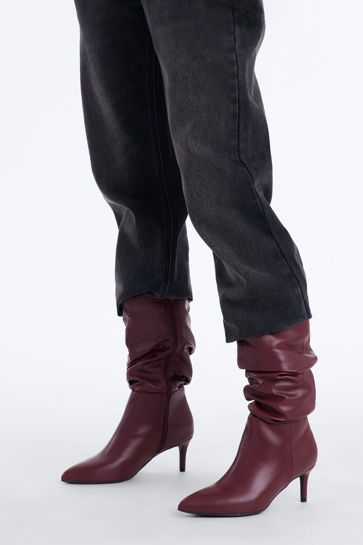 What You Want Ruched Kitten Heel Boots - Wine