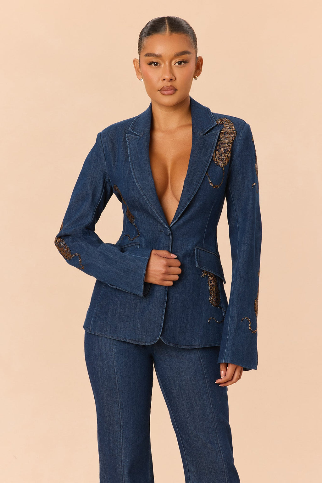 Niyah Embellished Denim Pant Set - Dark Denim