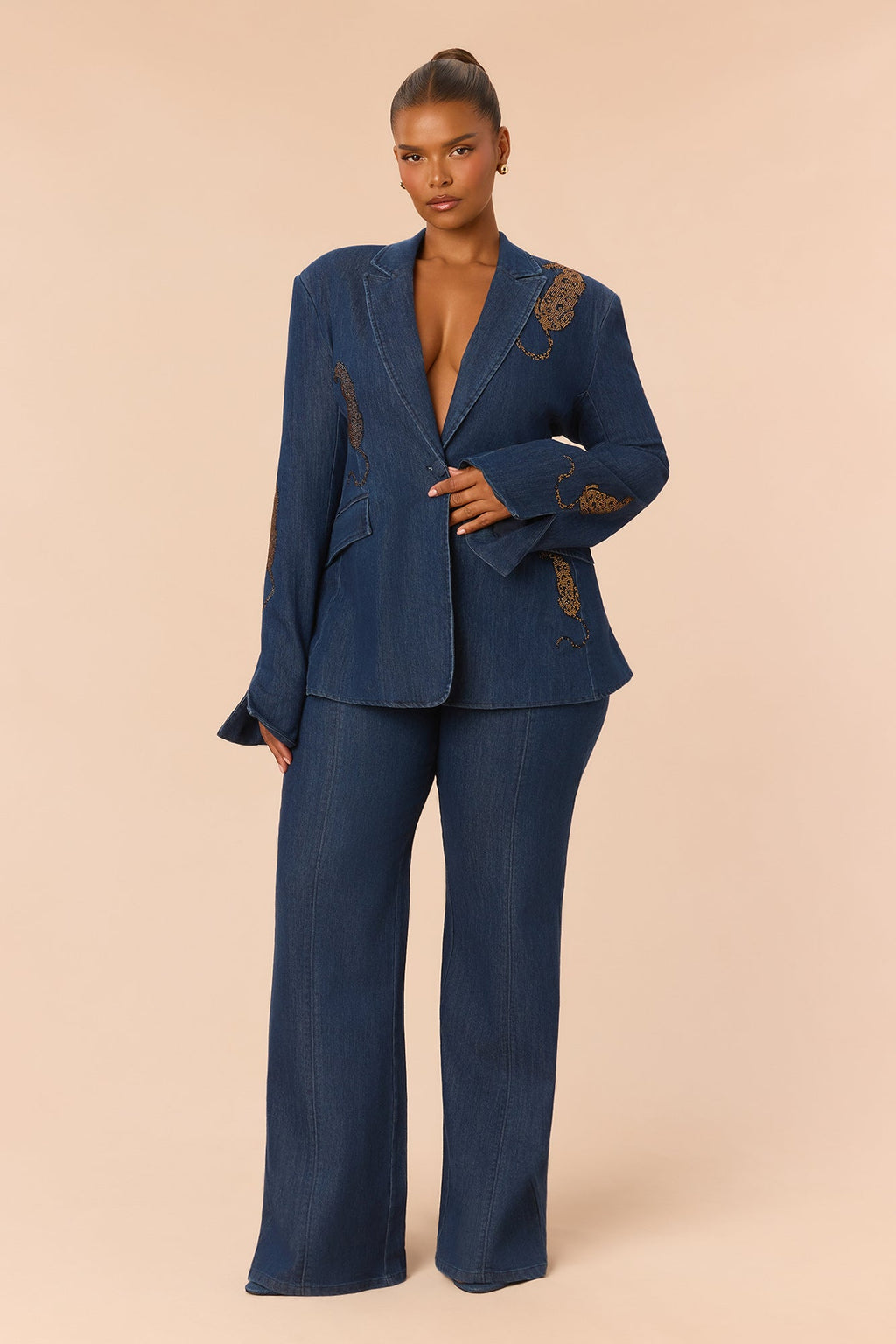 Niyah Embellished Denim Pant Set - Dark Denim