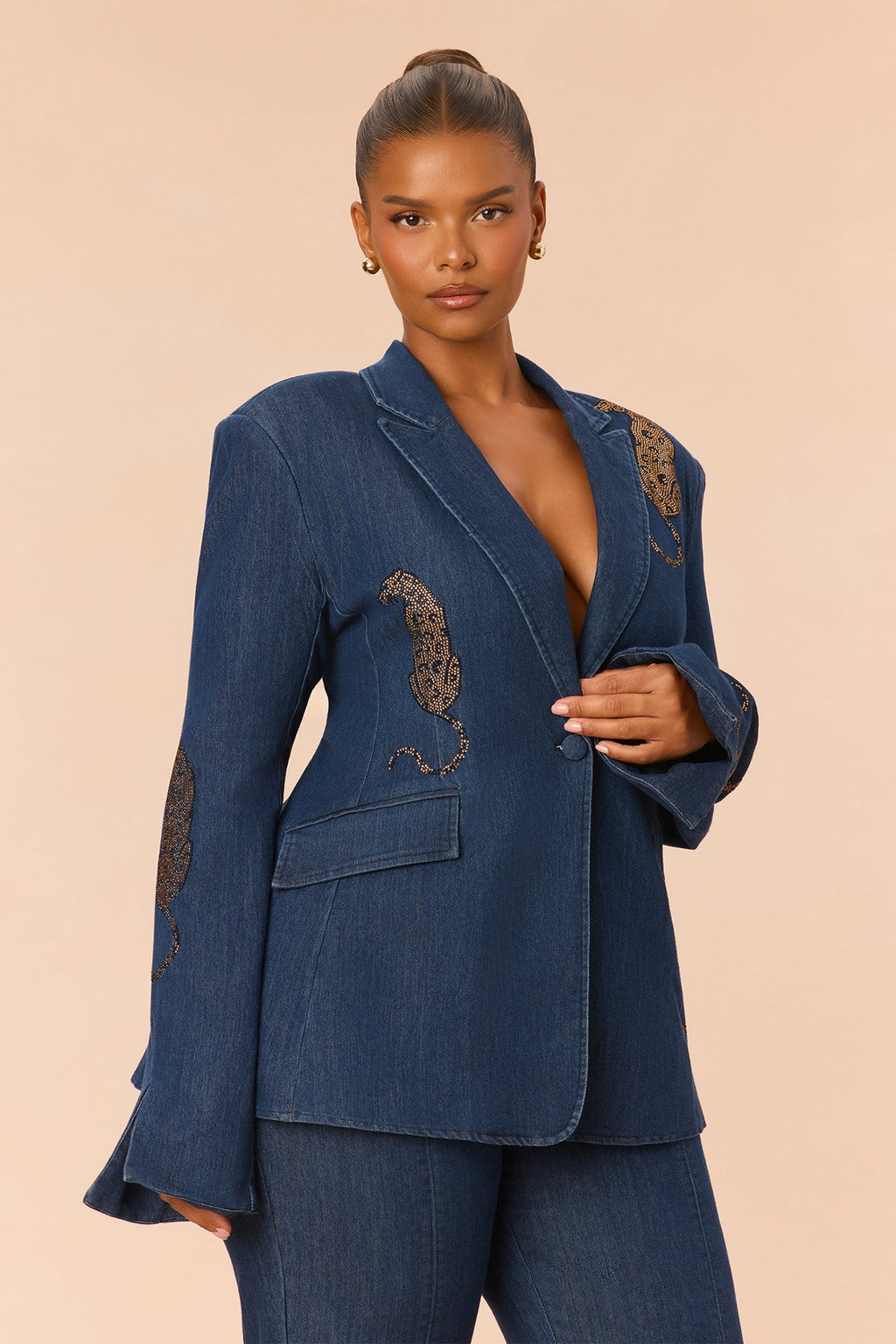 Niyah Embellished Denim Pant Set - Dark Denim