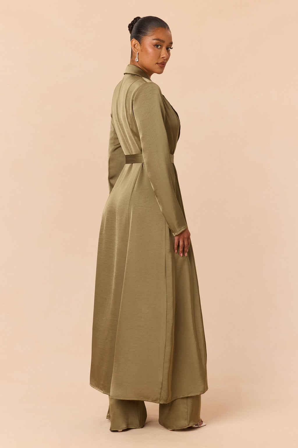 Office Crush Rhinestone Satin Pant Set - Olive
