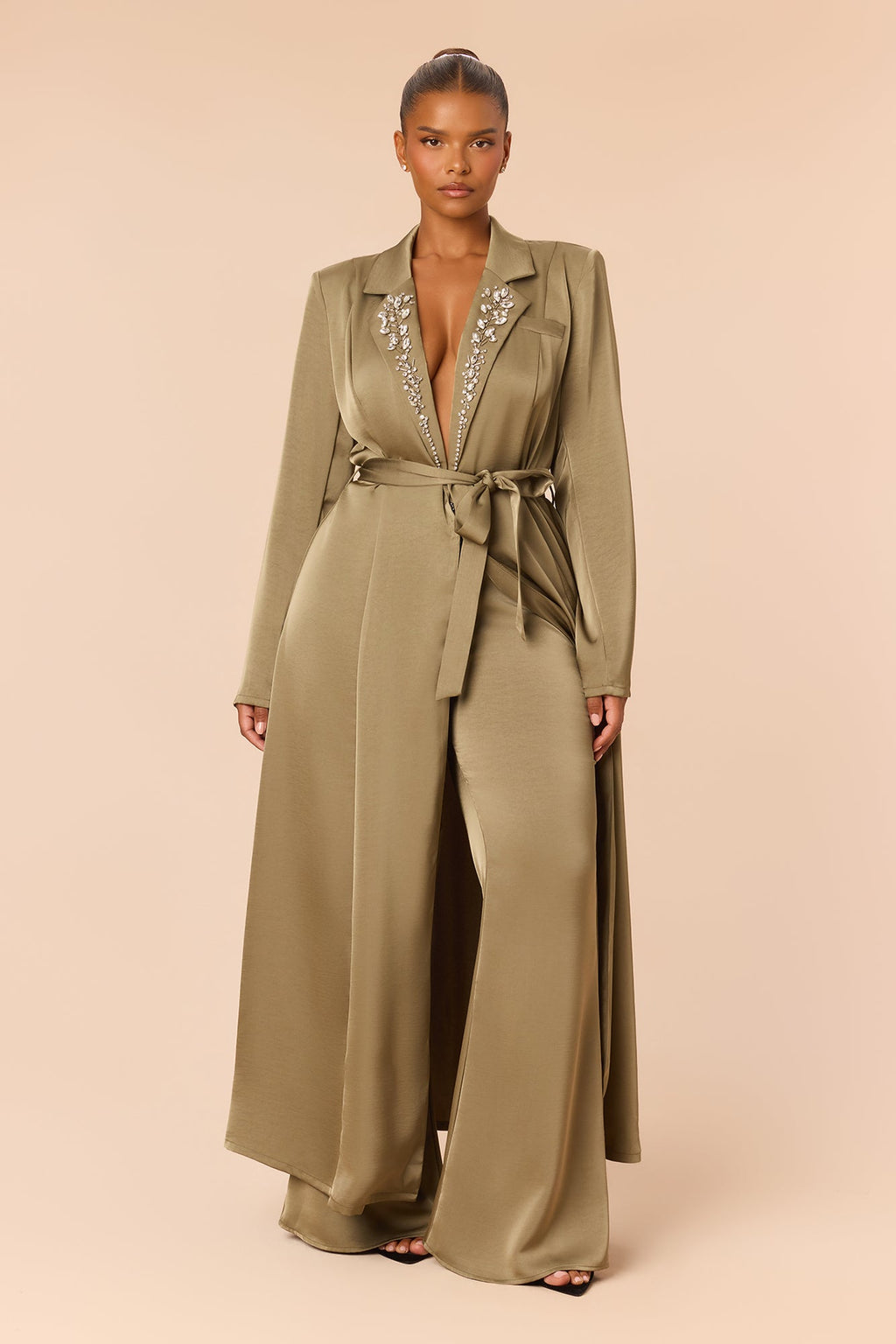 Office Crush Rhinestone Satin Pant Set - Olive