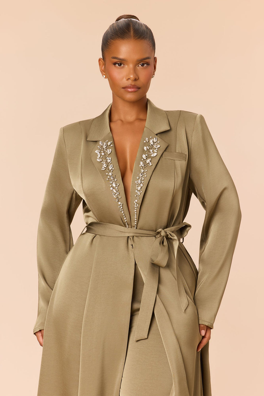 Office Crush Rhinestone Satin Pant Set - Olive