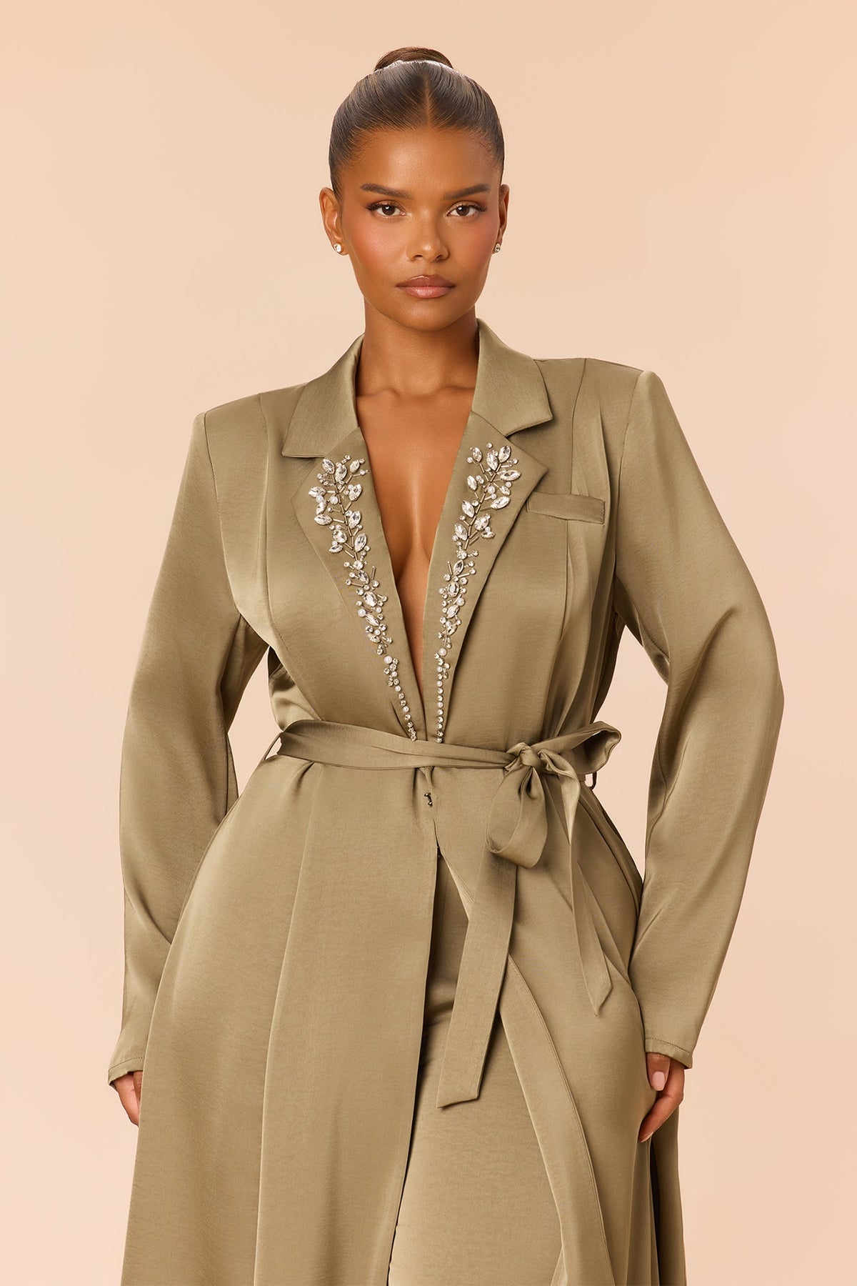 Office Crush Rhinestone Satin Pant Set - Olive