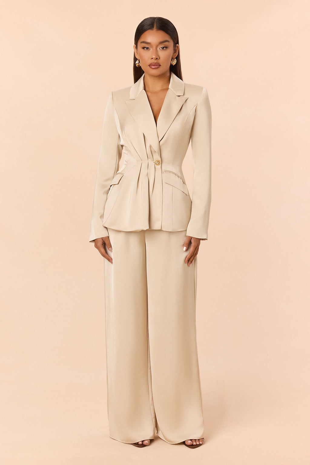 Classy As Me Satin Blazer Pant Set - Champagne
