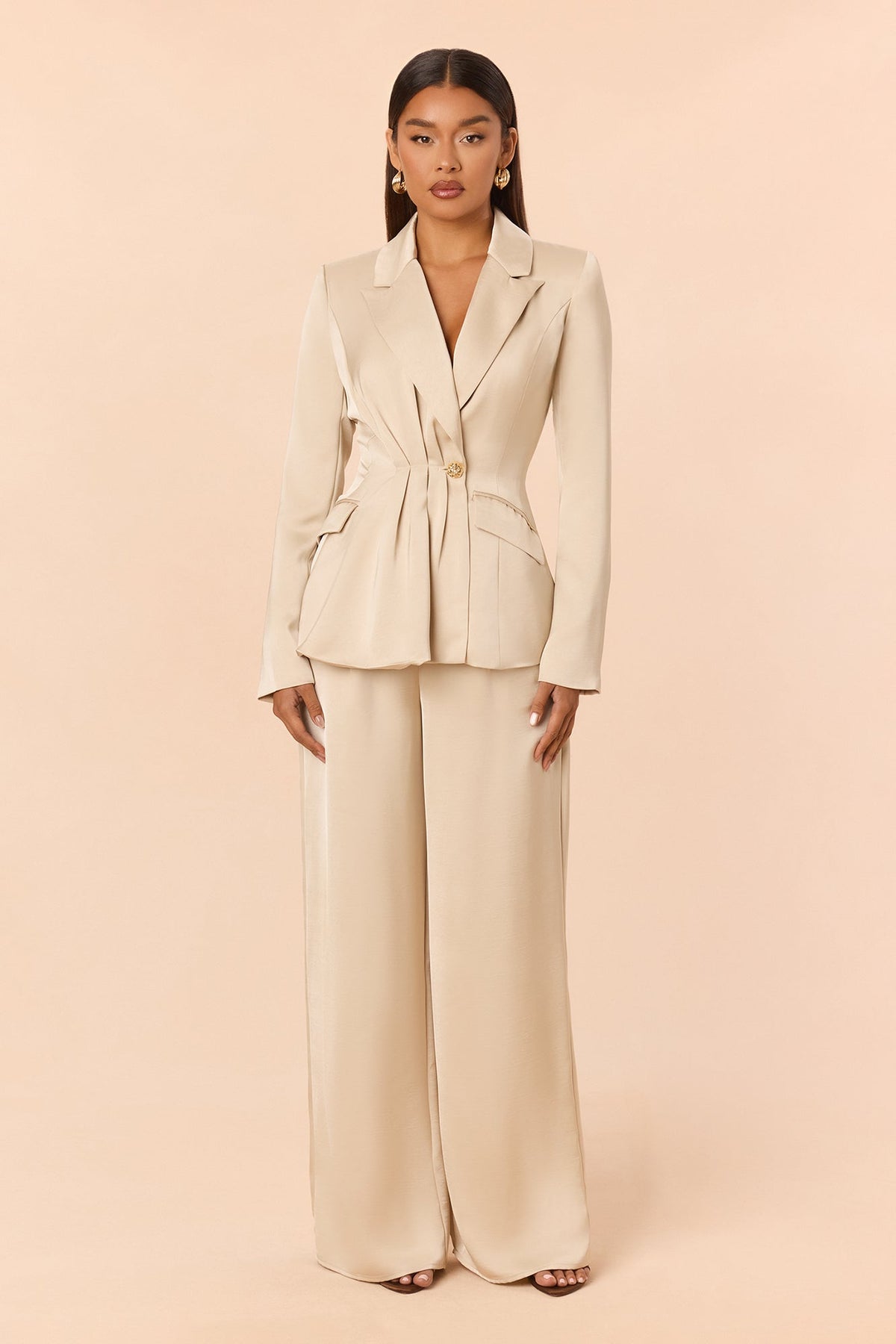 Classy As Me Satin Blazer Pant Set - Champagne