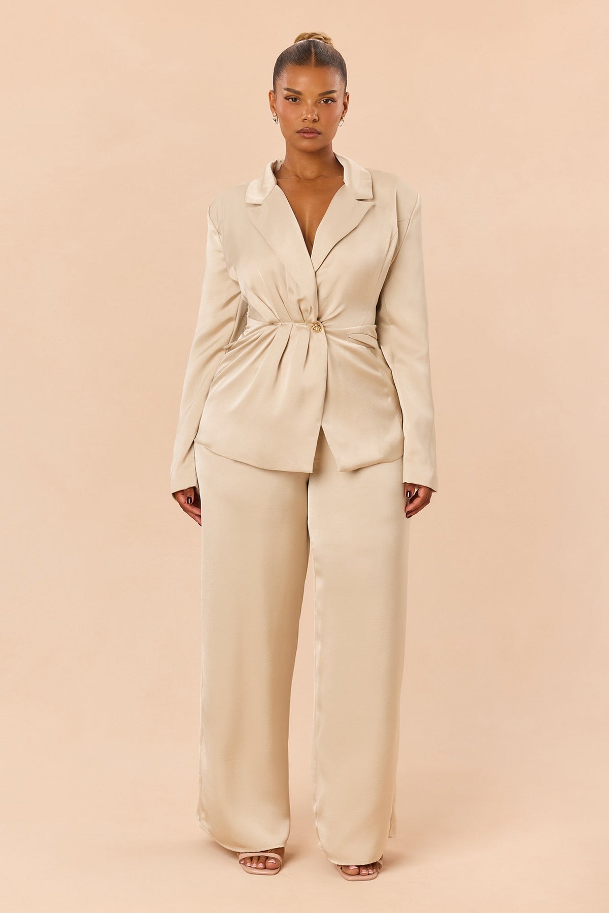 Classy As Me Satin Blazer Pant Set - Champagne
