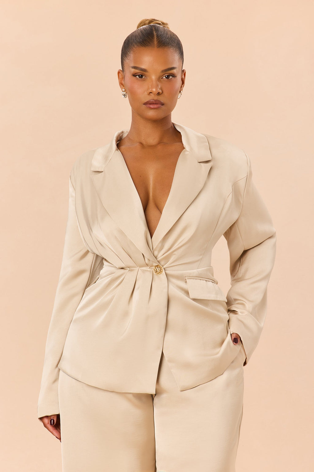 Classy As Me Satin Blazer Pant Set - Champagne