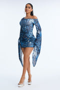 Feral Kiss Draped Sleeve Mini Dress - Blue/combo