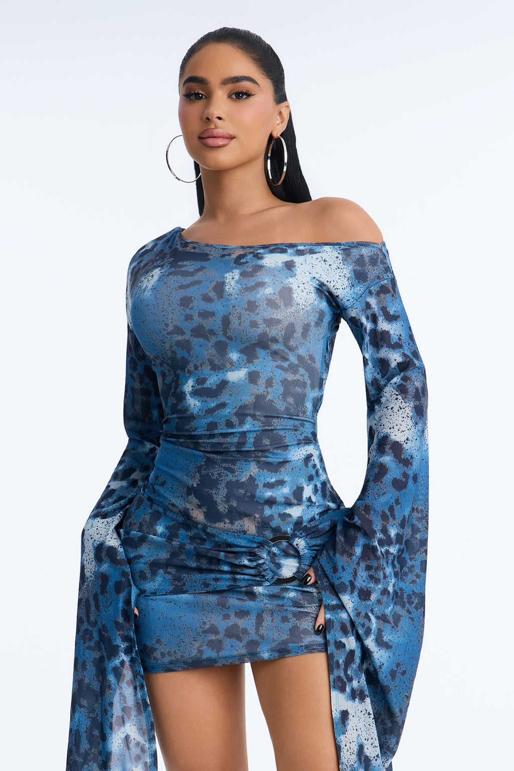 Feral Kiss Draped Sleeve Mini Dress - Blue/combo