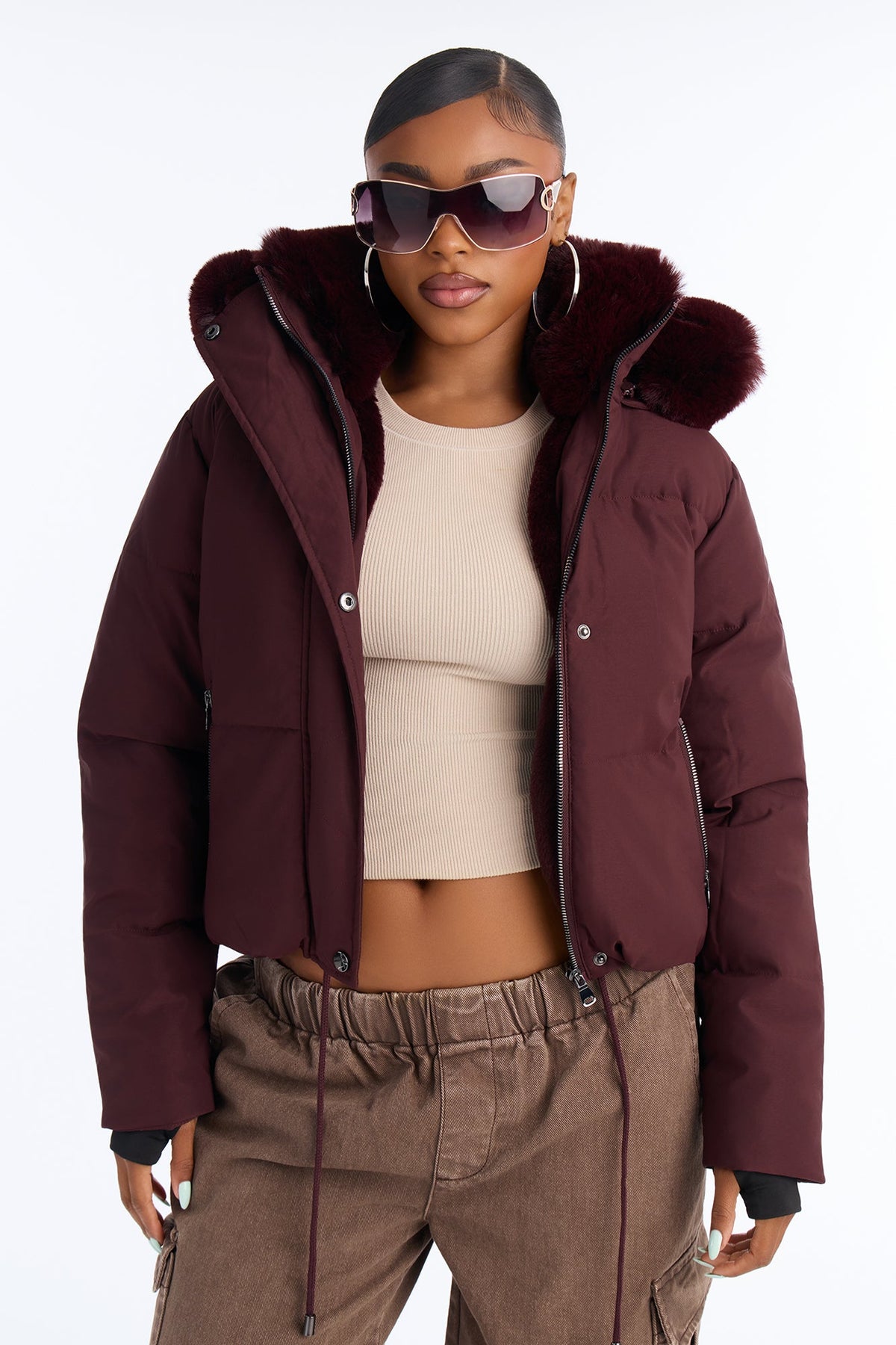 Put It On Ice Hooded Puffer Jacket - Wine