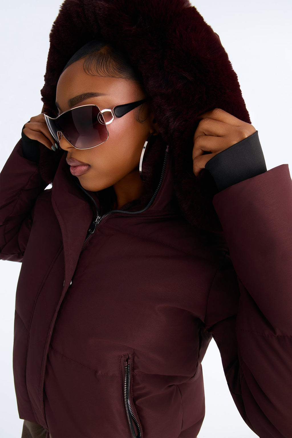 Put It On Ice Hooded Puffer Jacket - Wine
