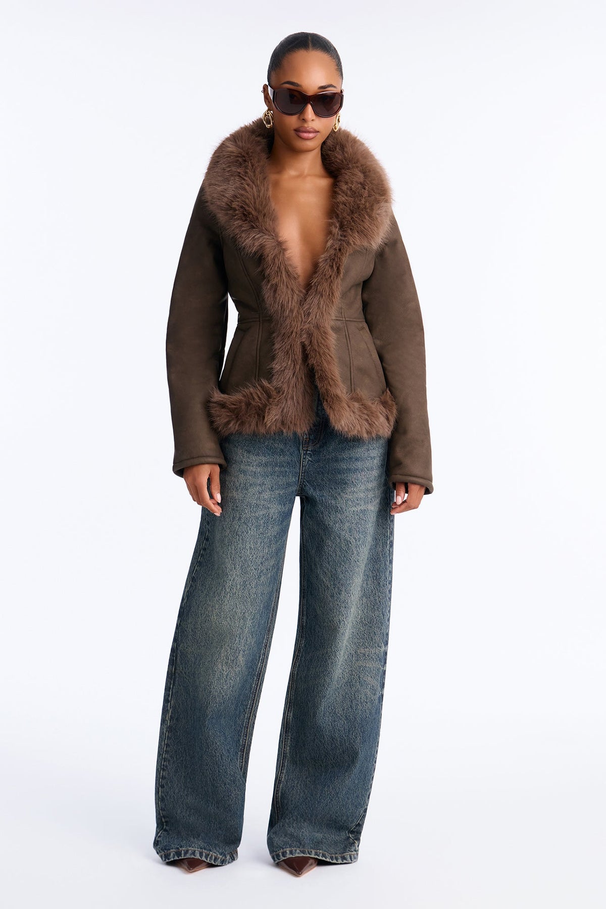Foxy Fur Trim Cinched Waist Coat - Chocolate