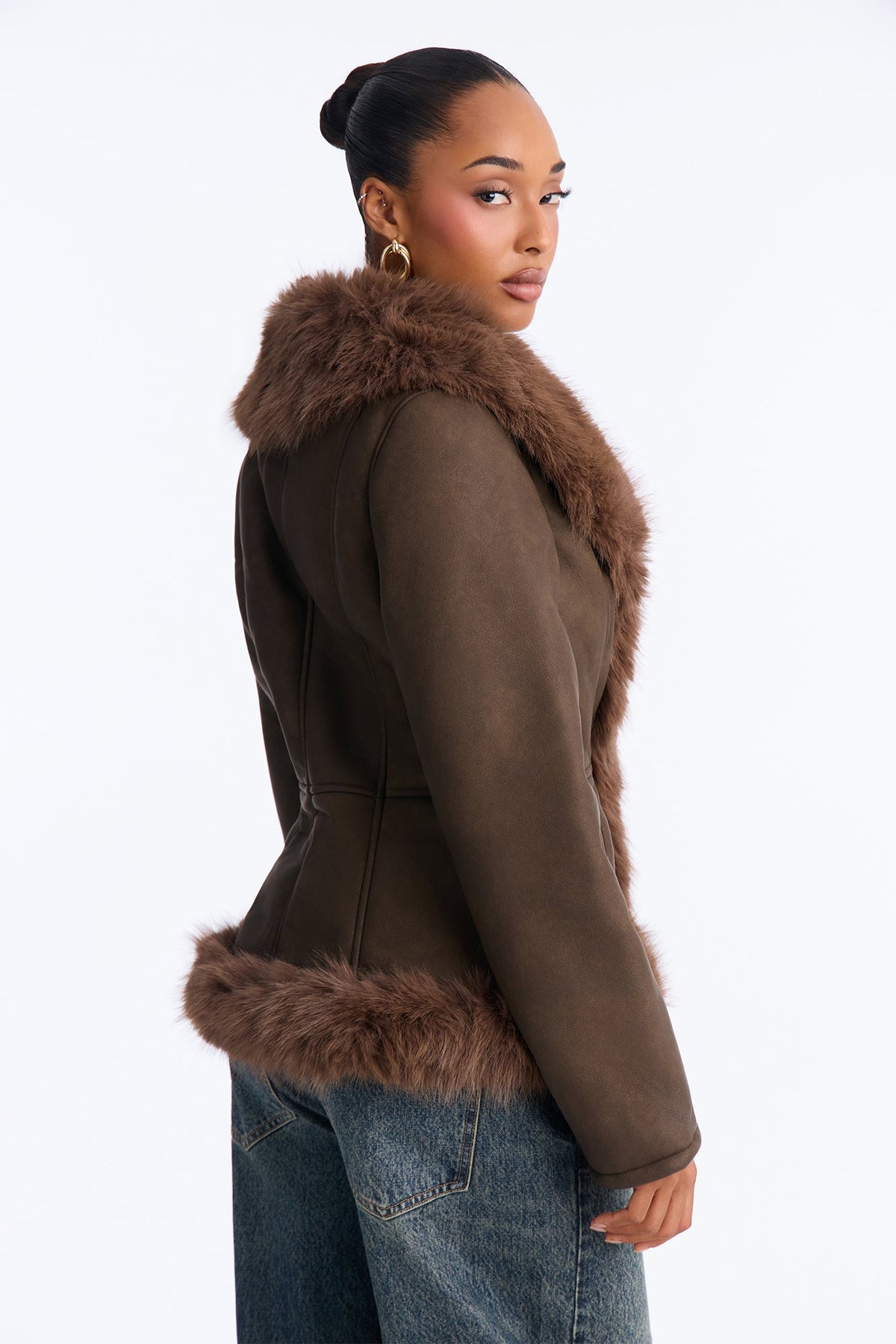 Foxy Fur Trim Cinched Waist Coat - Chocolate