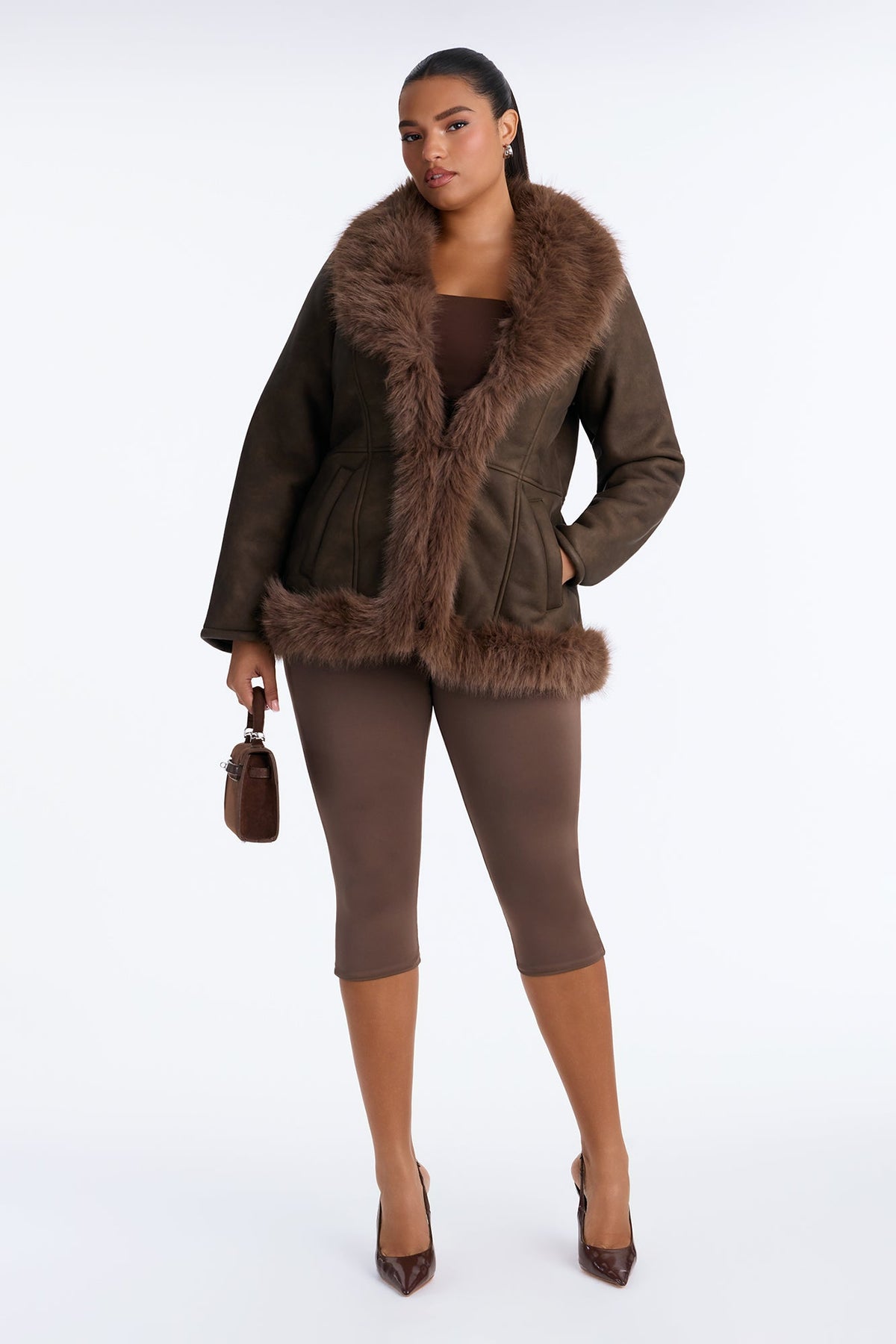 Foxy Fur Trim Cinched Waist Coat - Chocolate