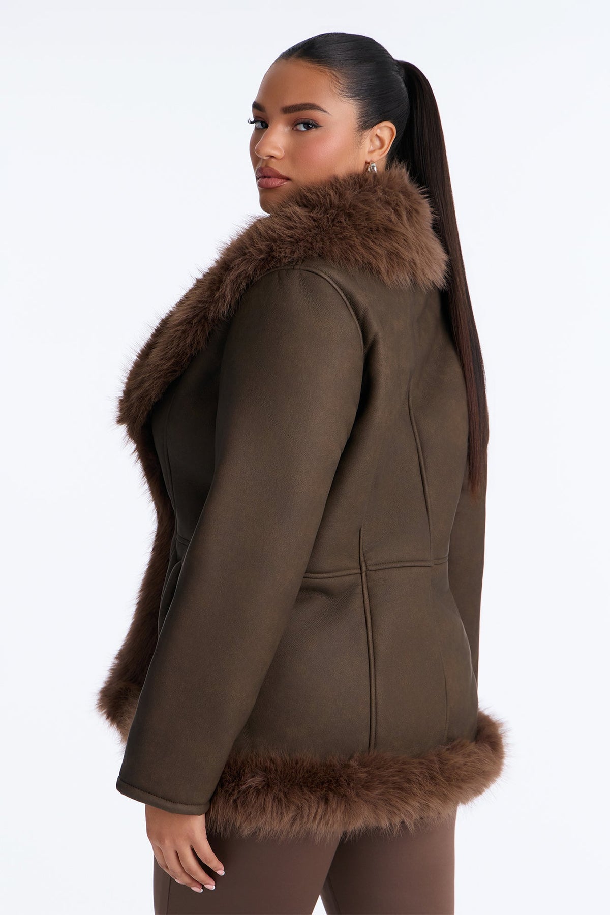 Foxy Fur Trim Cinched Waist Coat - Chocolate