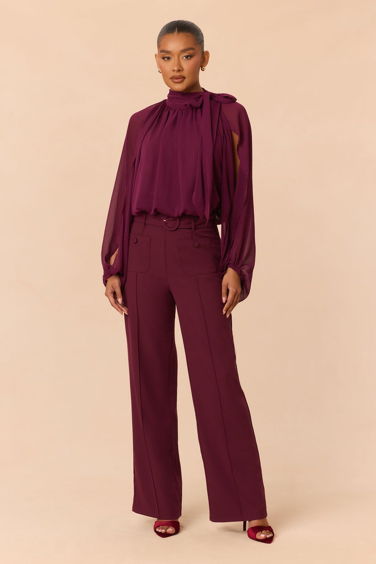 Arlette Blouse Pant Set - Wine