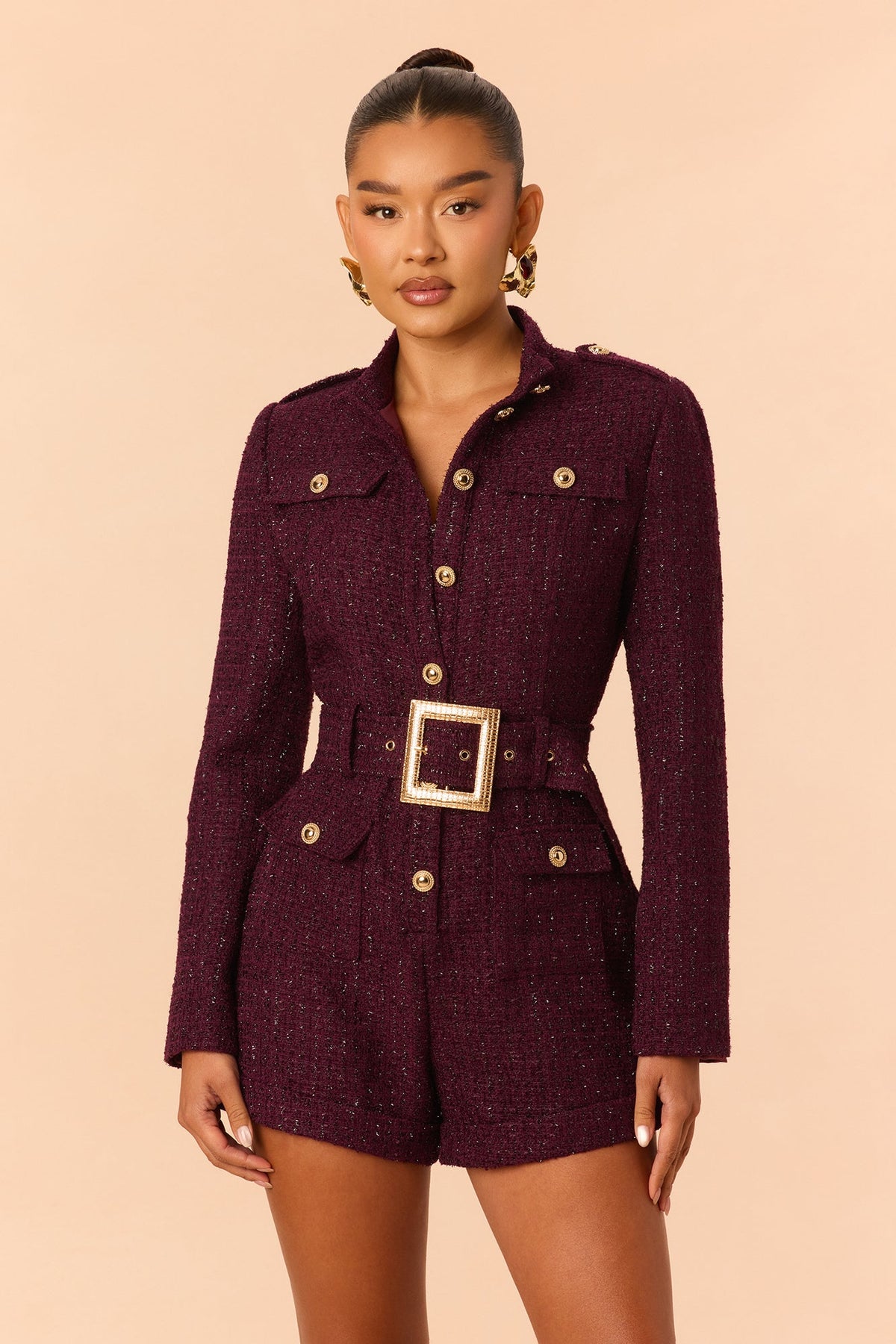 On The Agenda Tweed Romper - Plum