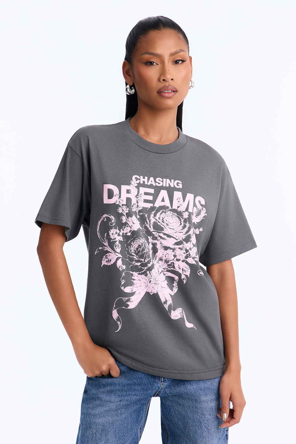 Chasing Dreams Floral Bloom Tee - Charcoal