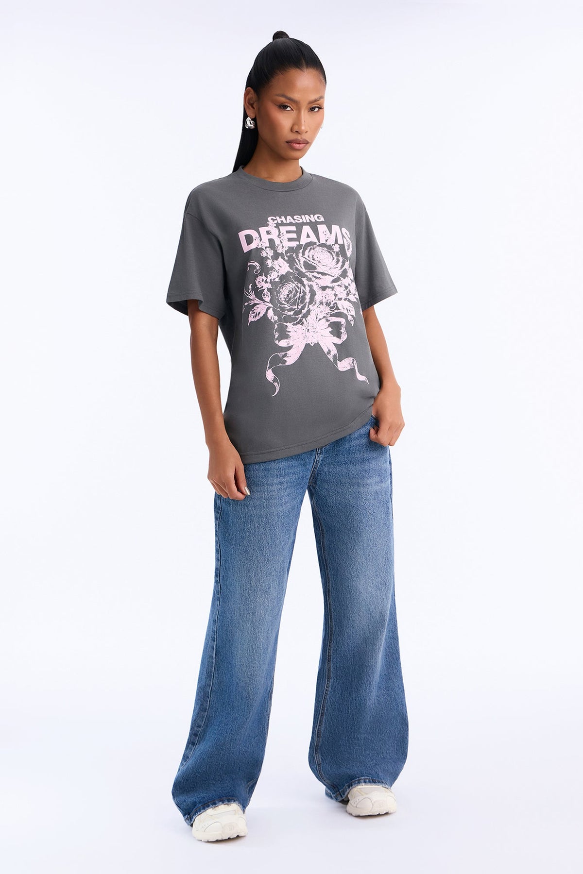 Chasing Dreams Floral Bloom Tee - Charcoal