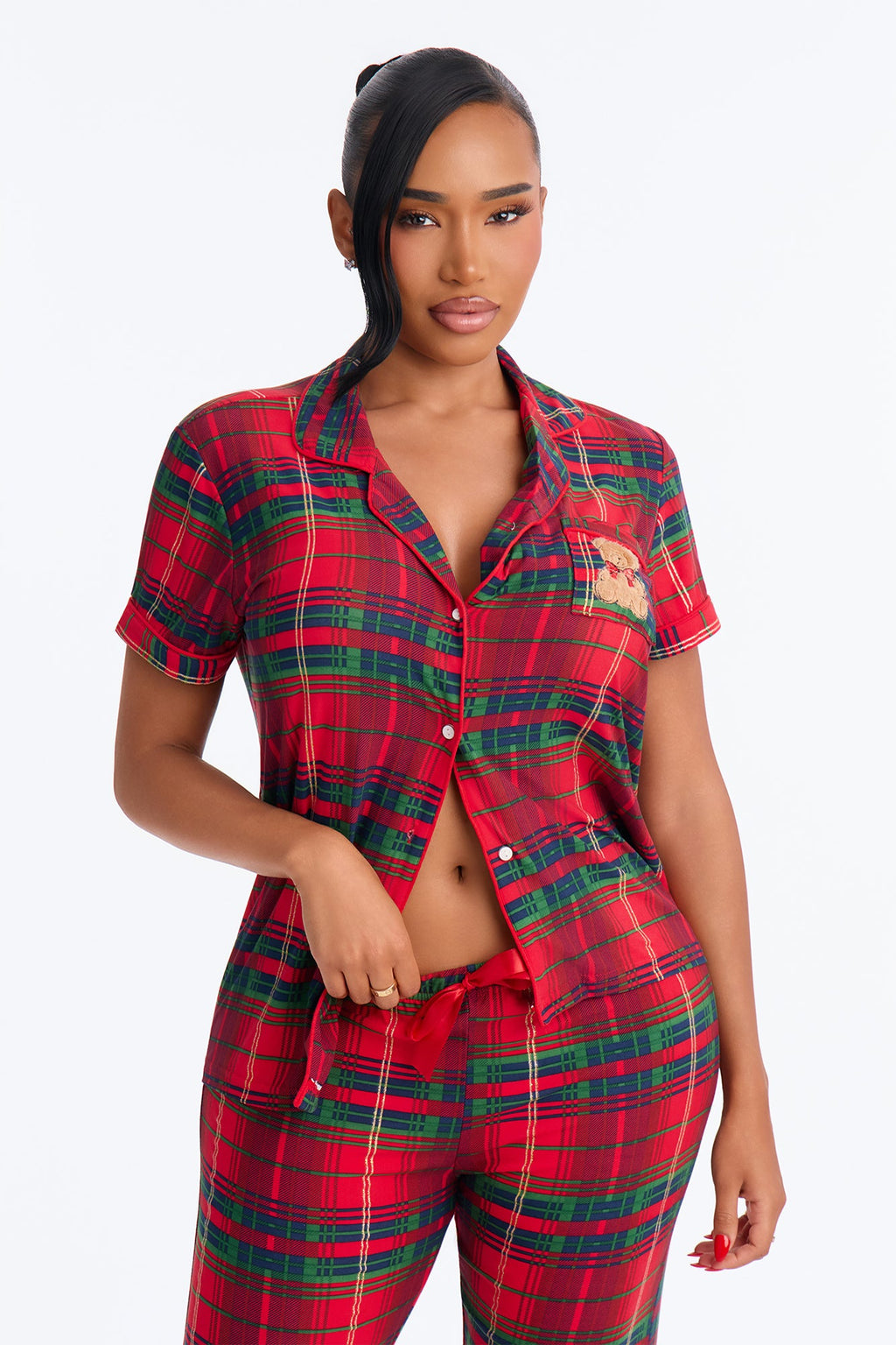 Late Night Sleep Plaid Short Sleeve PJ Pant Set - Red/combo