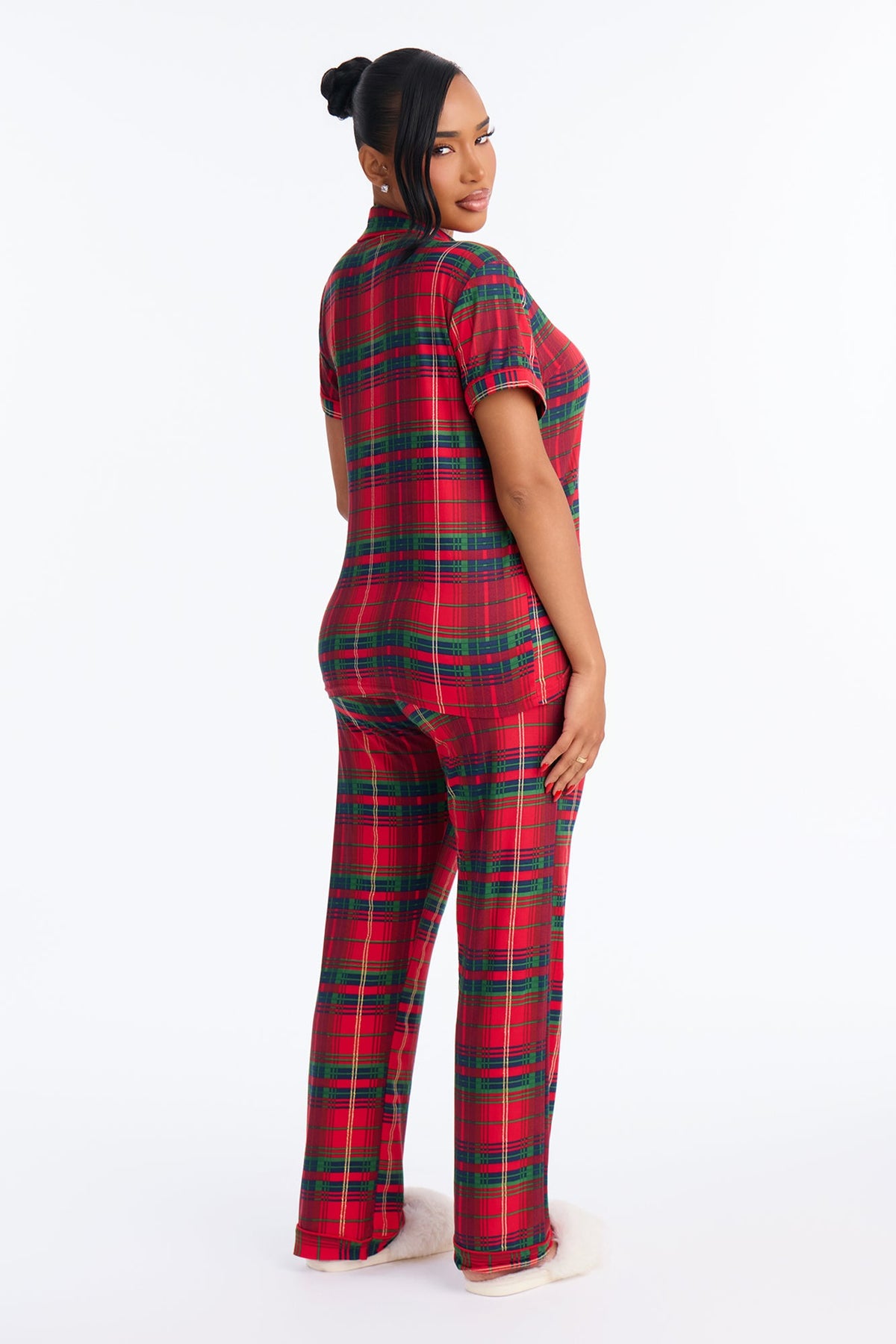 Late Night Sleep Plaid Short Sleeve PJ Pant Set - Red/combo