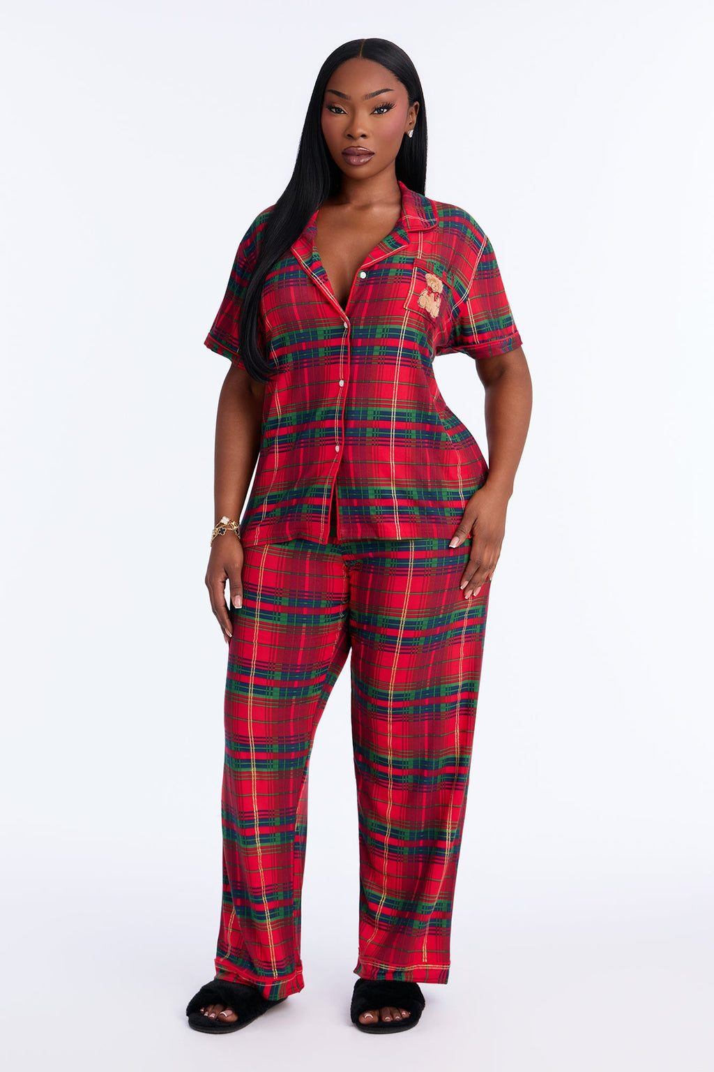 Late Night Sleep Plaid Short Sleeve PJ Pant Set - Red/combo