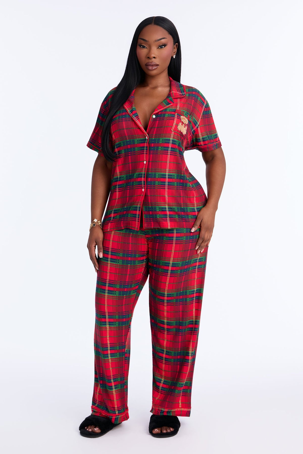 Late Night Sleep Plaid Short Sleeve PJ Pant Set - Red/combo
