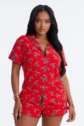 Treat Of Jolly Canes Contrast Button Up Ruffle PJ Short Set - Red/combo