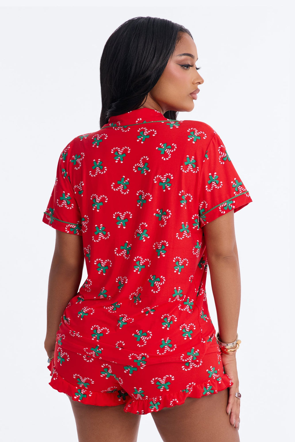 Treat Of Jolly Canes Contrast Button Up Ruffle PJ Short Set - Red/combo