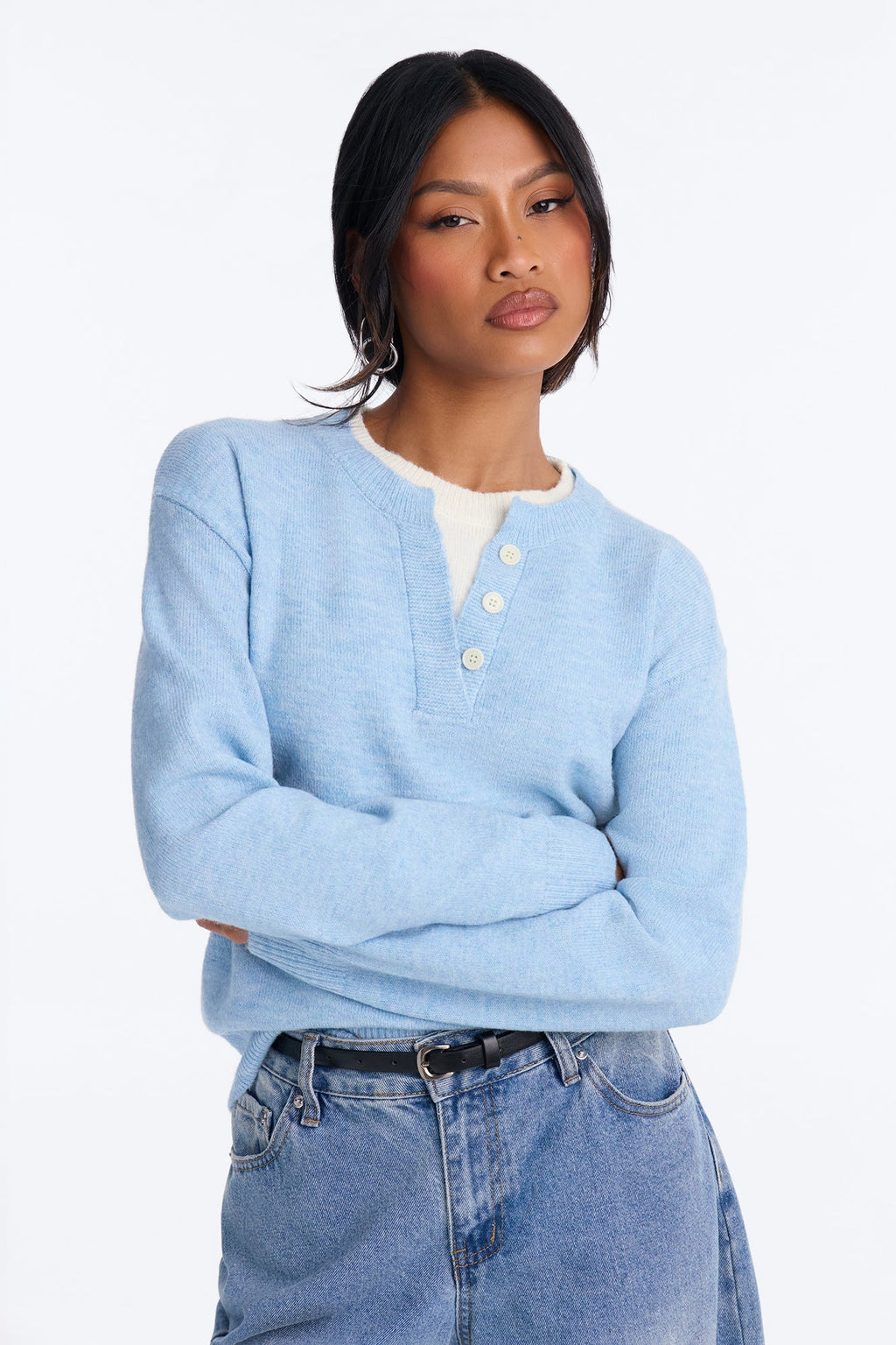 Julie Quarter Button Up Pullover Sweater - Blue