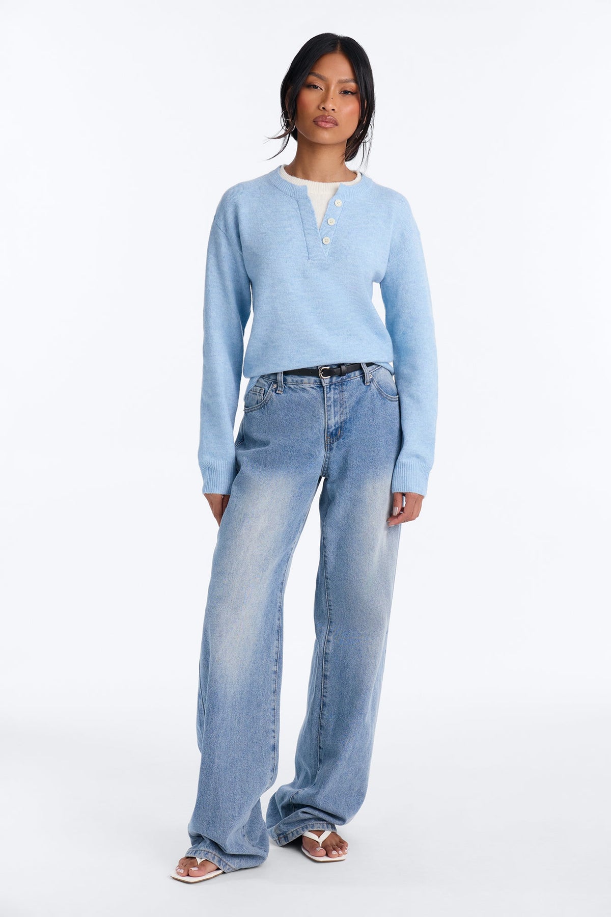 Julie Quarter Button Up Pullover Sweater - Blue