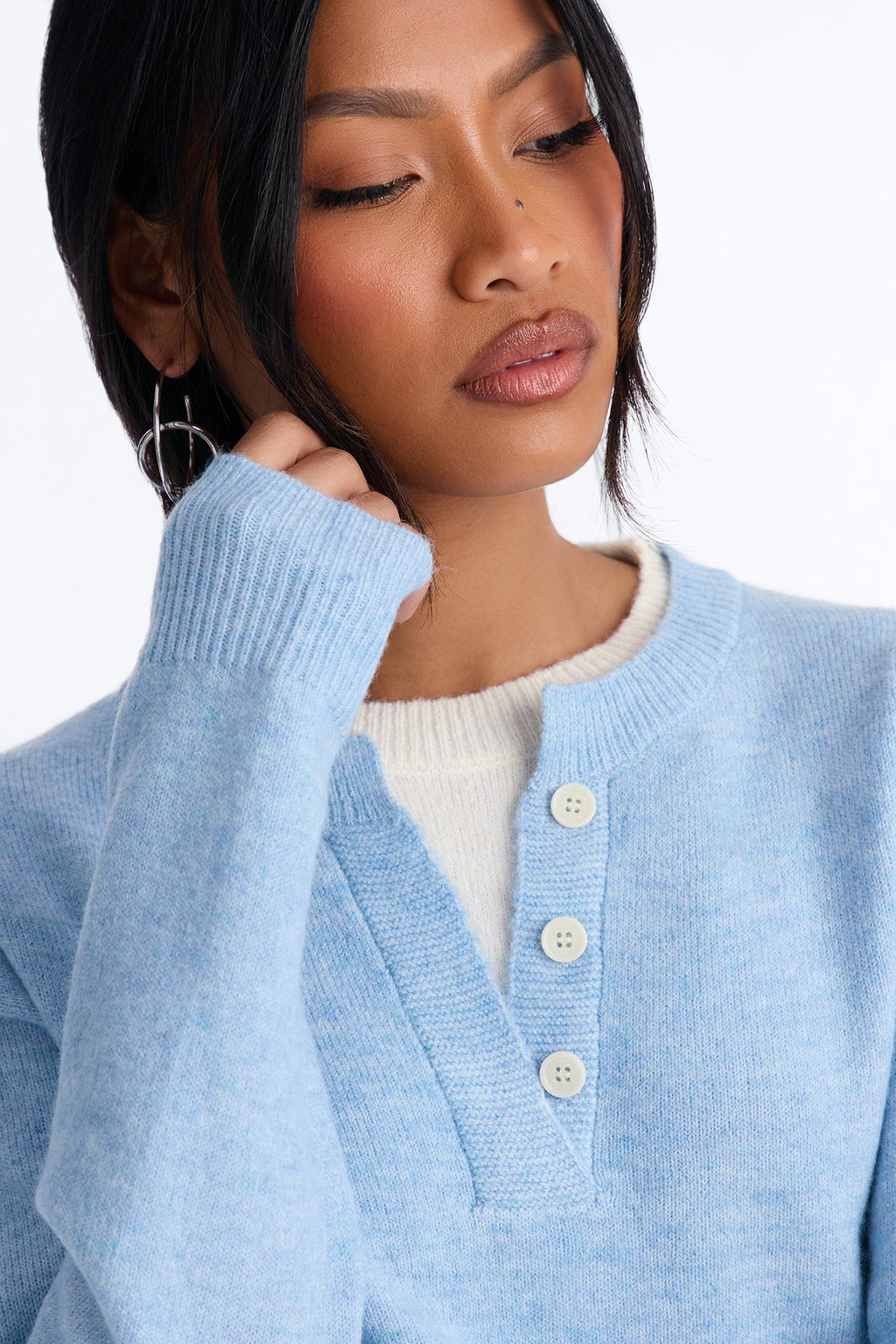 Julie Quarter Button Up Pullover Sweater - Blue