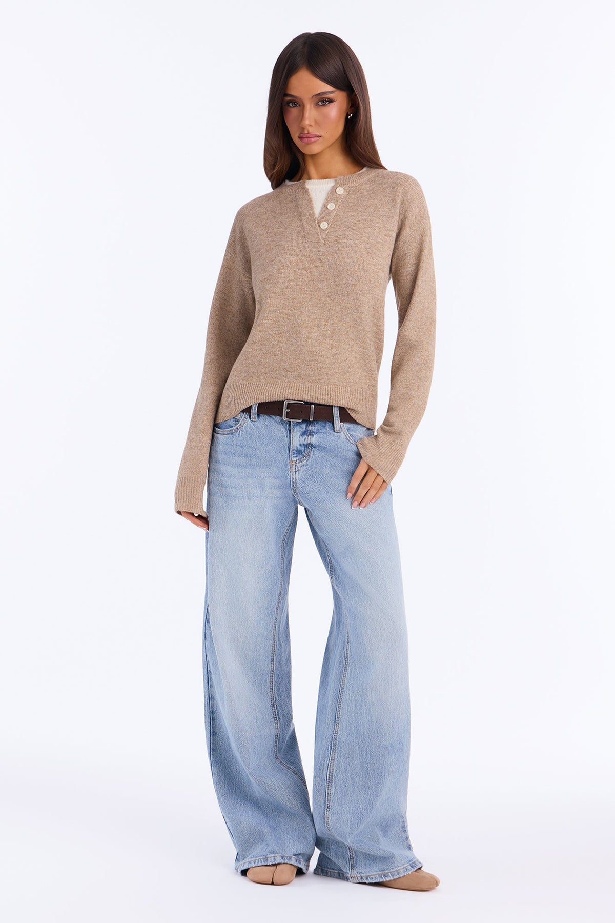 Julie Quarter Button Up Pullover Sweater - Mocha
