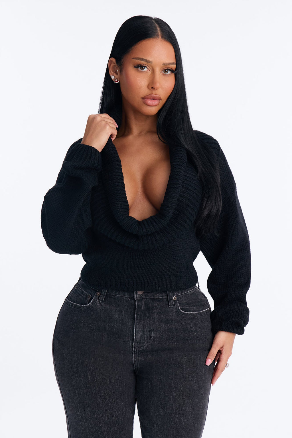 Inde Cowl Neck Cropped Pullover Sweater - Black