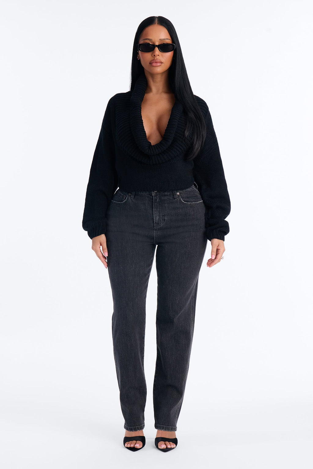 Inde Cowl Neck Cropped Pullover Sweater - Black